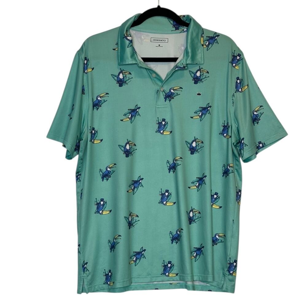 CROWN & IVY Green Toucan Print Short Sleeve Polo Shirt size Medium